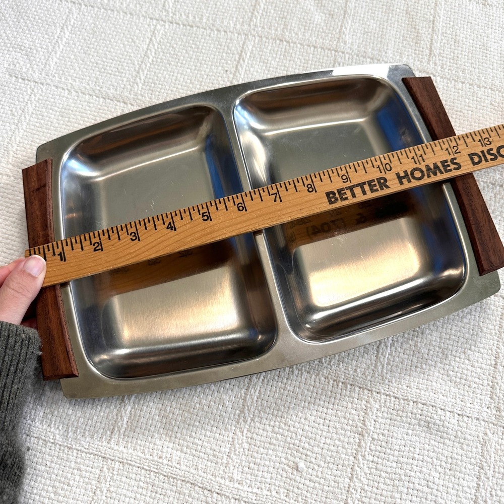 VTG 60s MCM Stainless Steel Divided Serving Tray Wood Handles KH Hong Kong 12.5" - Picture 8 of 9